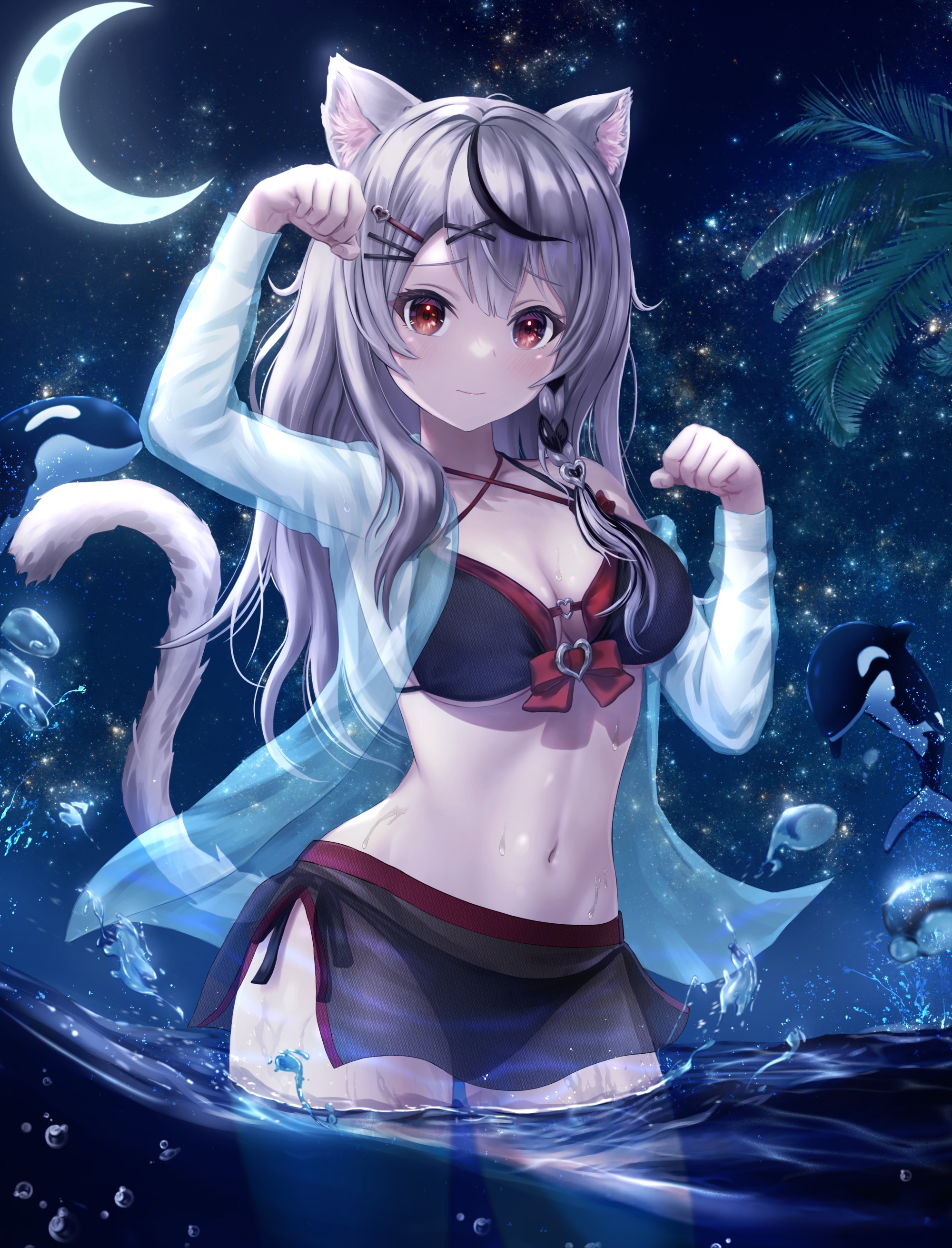 Neko on the sea - NSFW, Anime, Anime art, Art, Hololive, Sakamata chloe, Neko, Swimsuit, Animal ears, Hand-drawn erotica, Erotic, Longpost