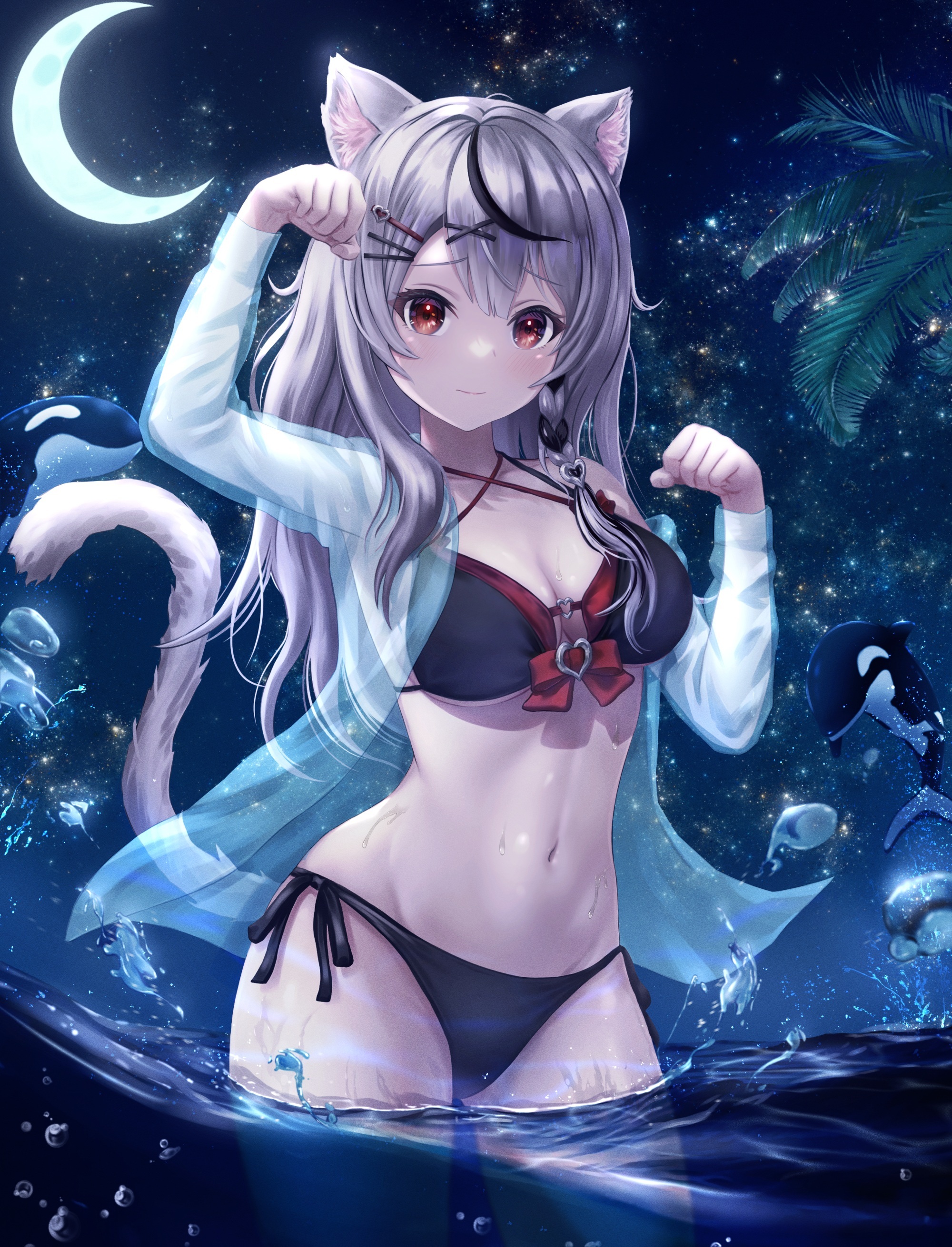 Neko on the sea - NSFW, Anime, Anime art, Art, Hololive, Sakamata chloe, Neko, Swimsuit, Animal ears, Hand-drawn erotica, Erotic, Longpost