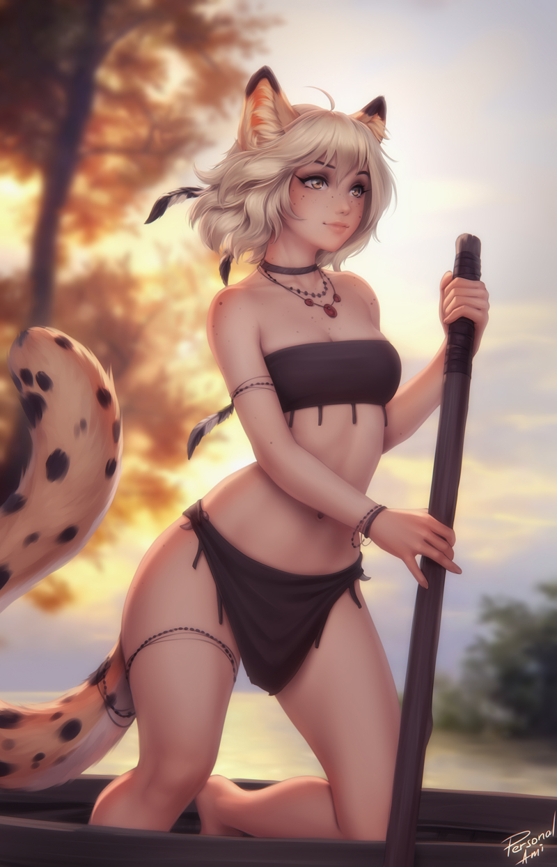 Aurora - NSFW, Art, Drawing, Neko, Original character, Girls, Hand-drawn erotica, Boobs, Nudity, Pubis, Labia, Choker, Animal ears, Tail, A boat, Personalami, Longpost