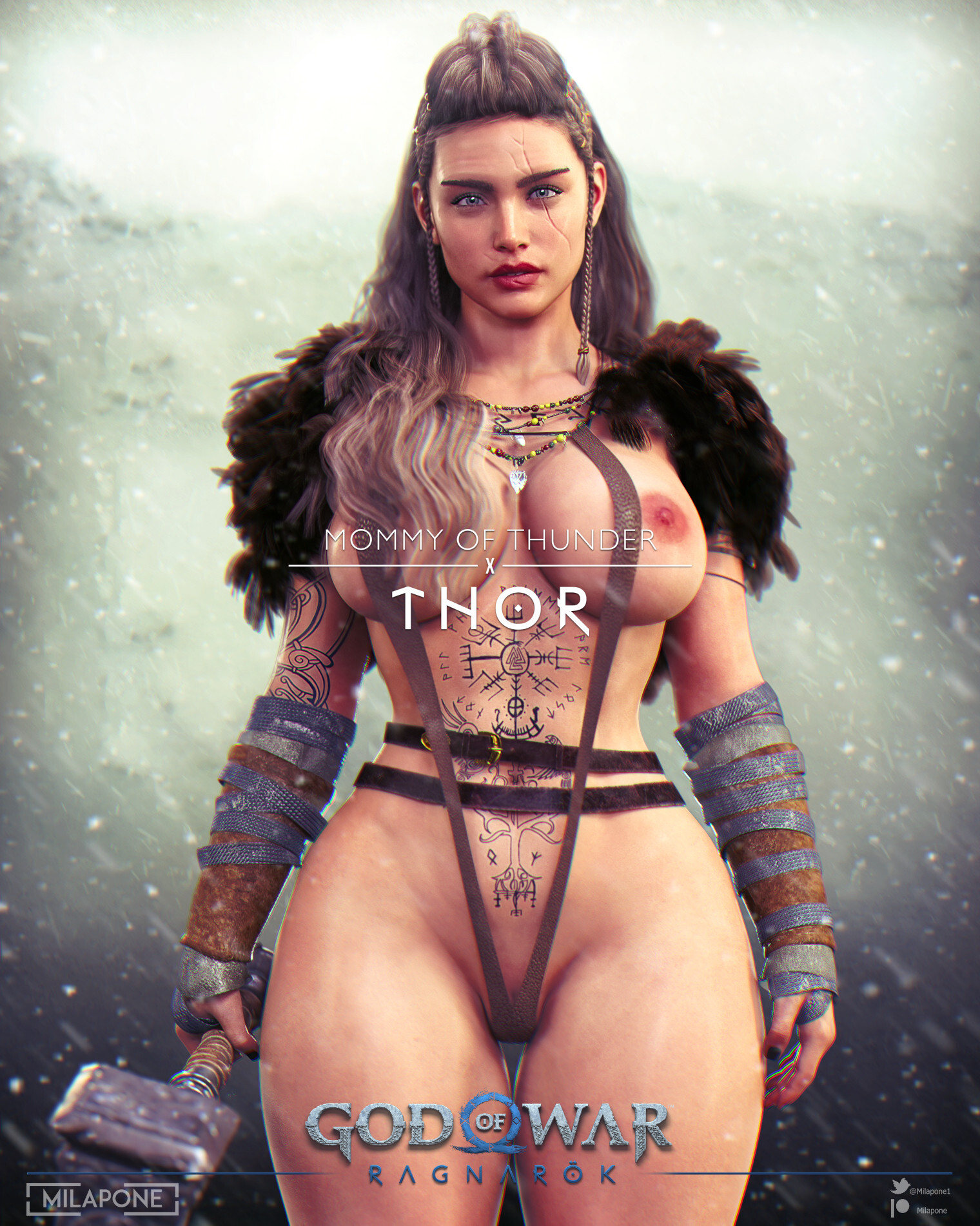 Are you calm and reasonable? - NSFW, Art, 3D, Games, God of war, God of War: Ragnarok, Thor, Kratos, Boobs, Milapone, Longpost