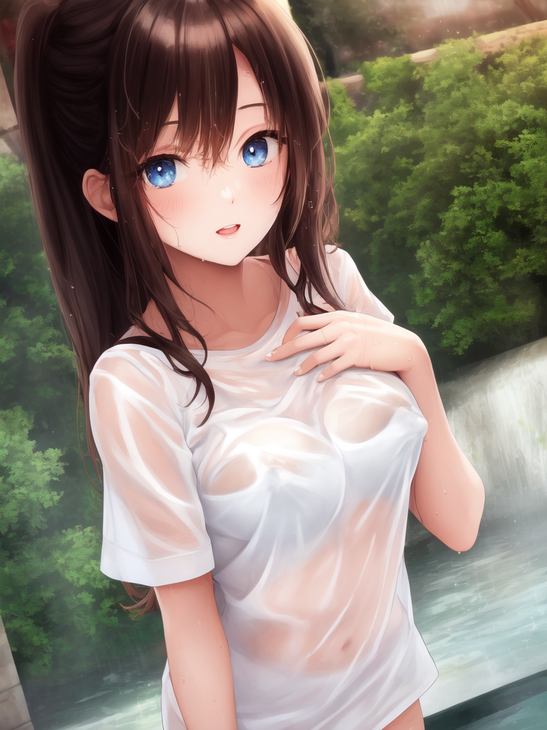 Girls in wet T-shirts - NSFW, My, Art, Нейронные сети, Artificial Intelligence, Anime, 2D, Stable diffusion, Longpost, Anime art, Boobs, Nipples, Wet T-shirt