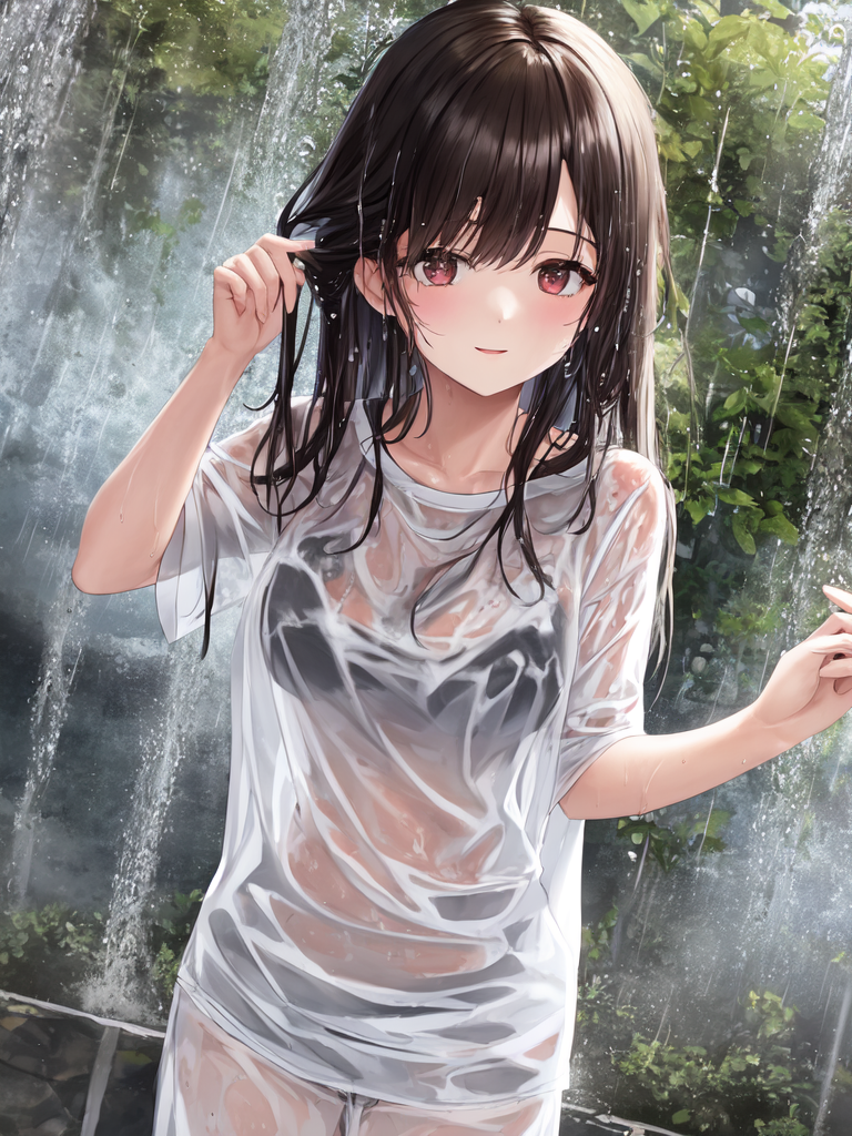 Girls in wet T-shirts - NSFW, My, Art, Нейронные сети, Artificial Intelligence, Anime, 2D, Stable diffusion, Longpost, Anime art, Boobs, Nipples, Wet T-shirt
