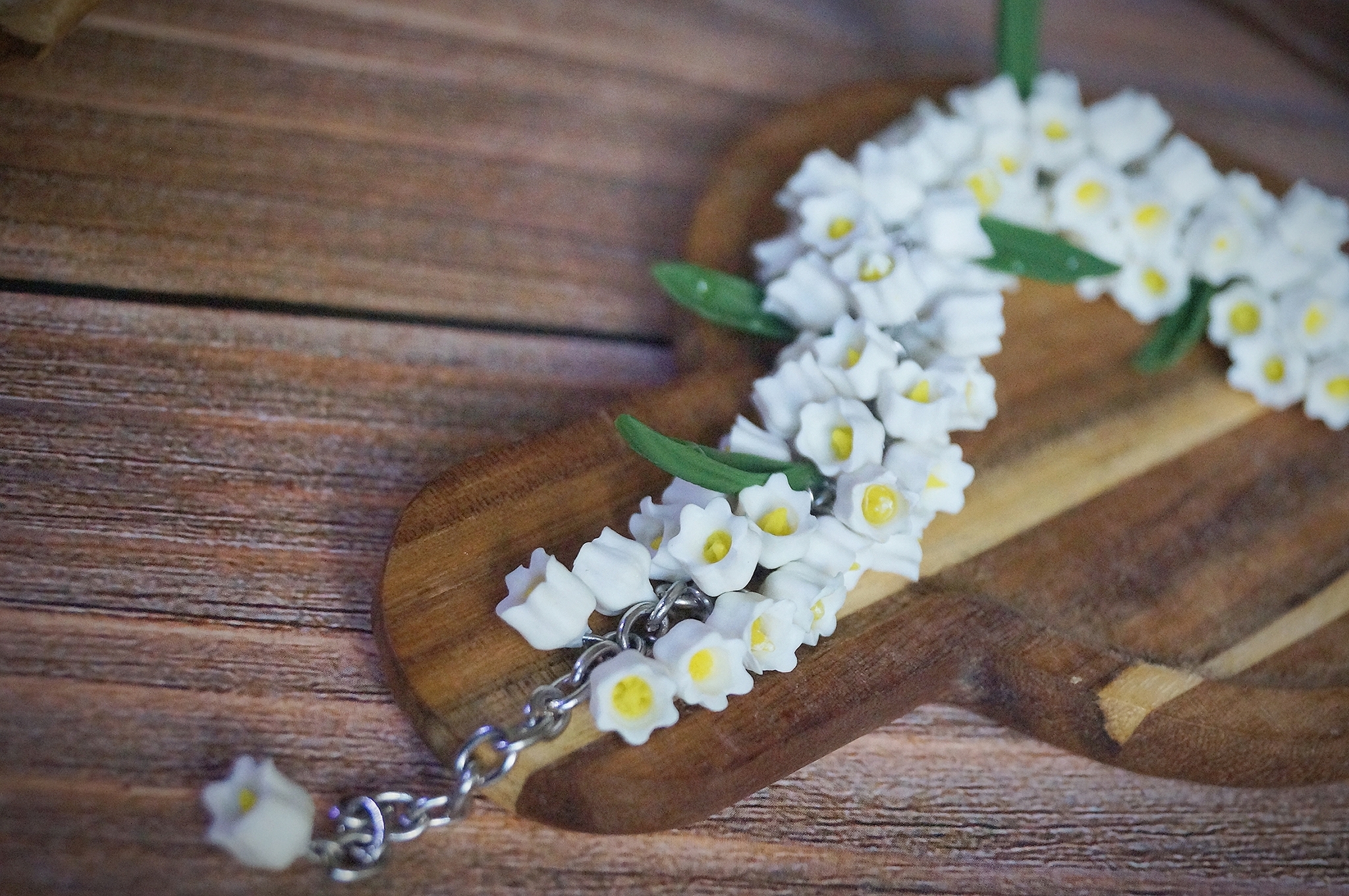 Delicate light bracelet with lilies of the valley, handmade - My, Лепка, Polymer clay, Needlework without process, Decoration, Handmade, A bracelet, With your own hands, Longpost