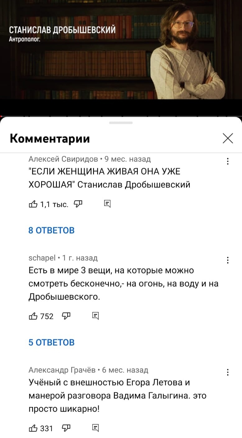 Дробышевский. Комментарии на Ютубе. ТОП-3 - Станислав Дробышевский, Антропология, Комментарии, Скриншот