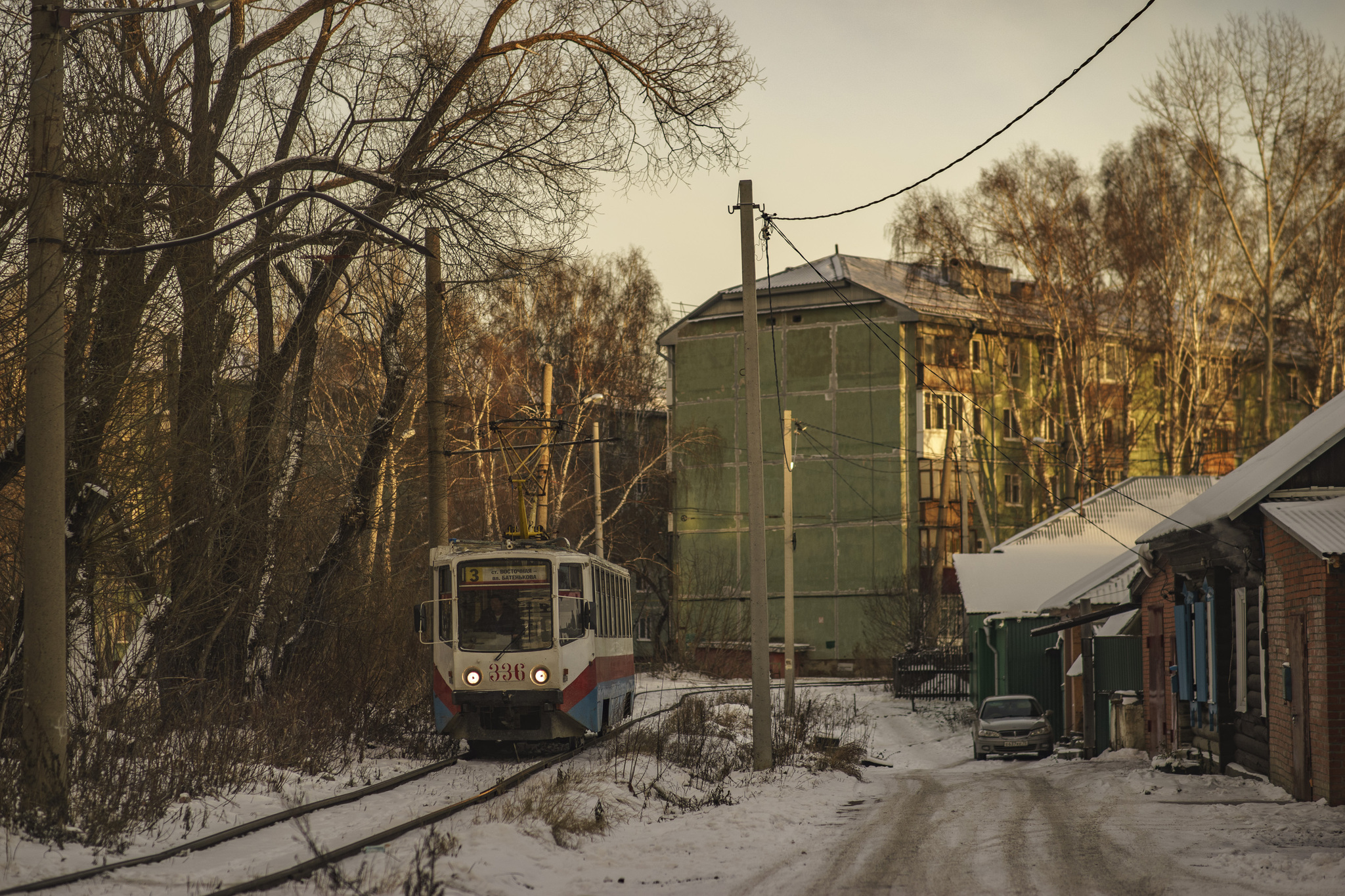 Winter evening at the tram tracks - My, The photo, Siberia, Tomsk, Town, Tram, Ukvz, Winter, Longpost