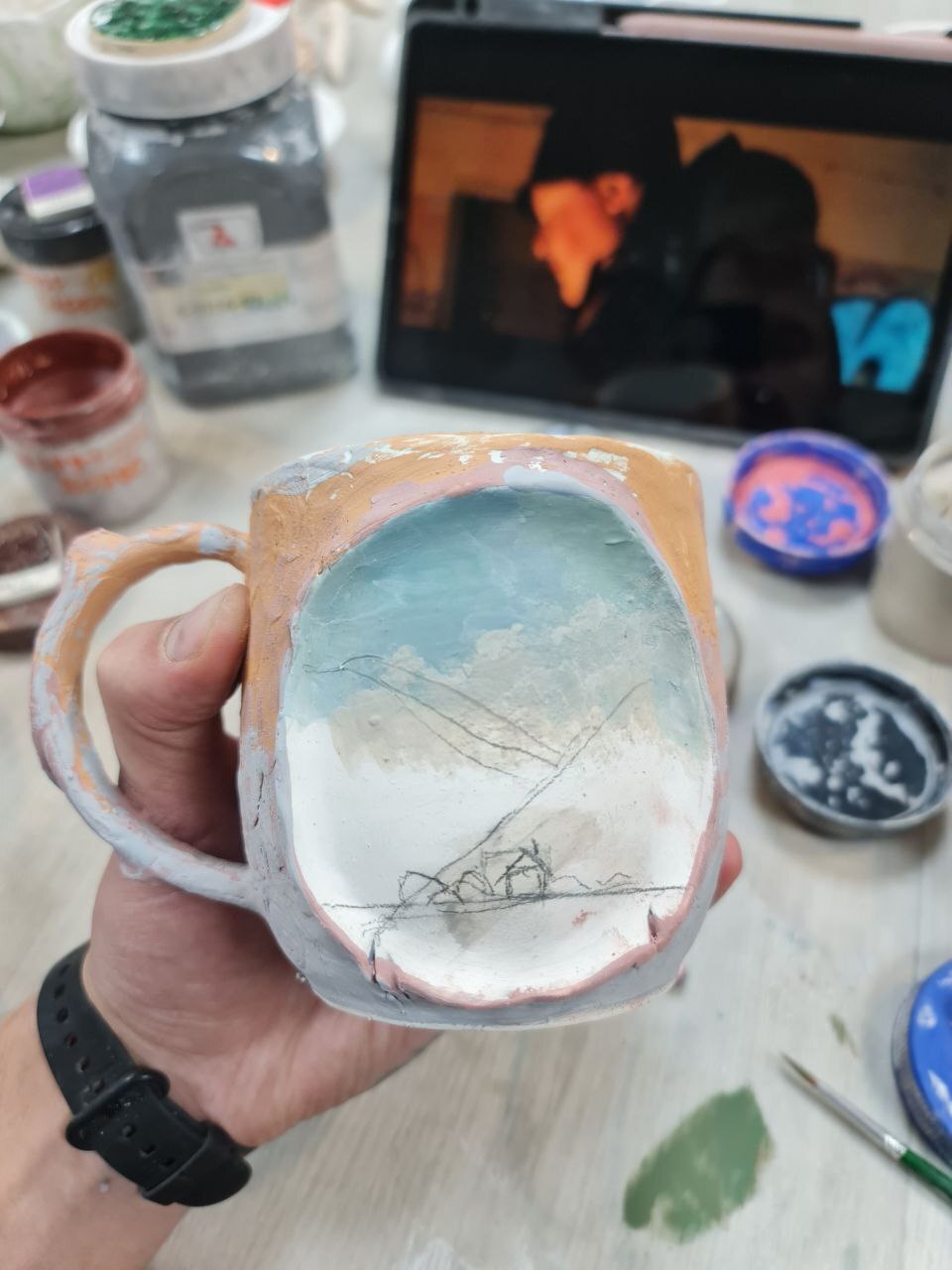 How I painted the Solitude mug - My, Лепка, Ceramics, Needlework with process, Pottery, Painting, Longpost, Кружки