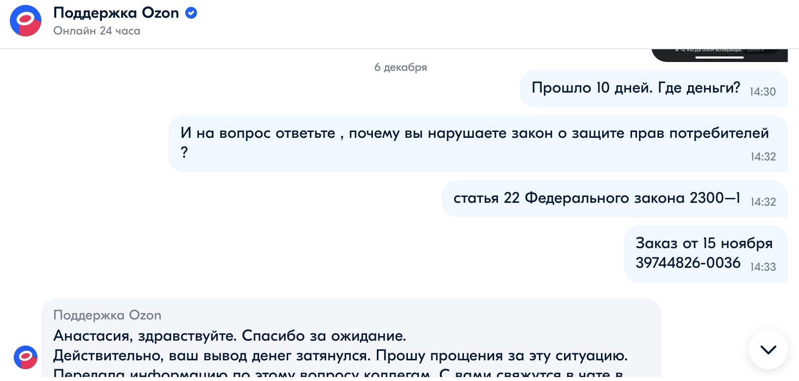 OZON does not refund money from the balance of funds. In response, template answers and no action - My, Consumer rights Protection, Cheating clients, A complaint, Negative, Fraud, Support service, Money, Divorce for money, Marketplace, Online Store, Service, Return, Refund, Purchase returns, Clients, Deception, Infuriates, Greed, Peekaboo, Longpost