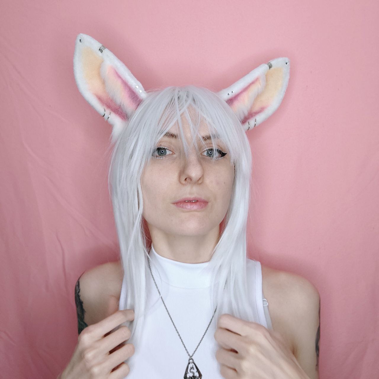 White bunny ears on headband (mini) - My, Needlework, Sewing, Needlework without process, Accessories, Bezel, Furry, Hare, White Rabbit, Cosplay, Cosplayers, Ears, Eared, Ears on the crown, Longpost, Girl with tattoo, Tattoo