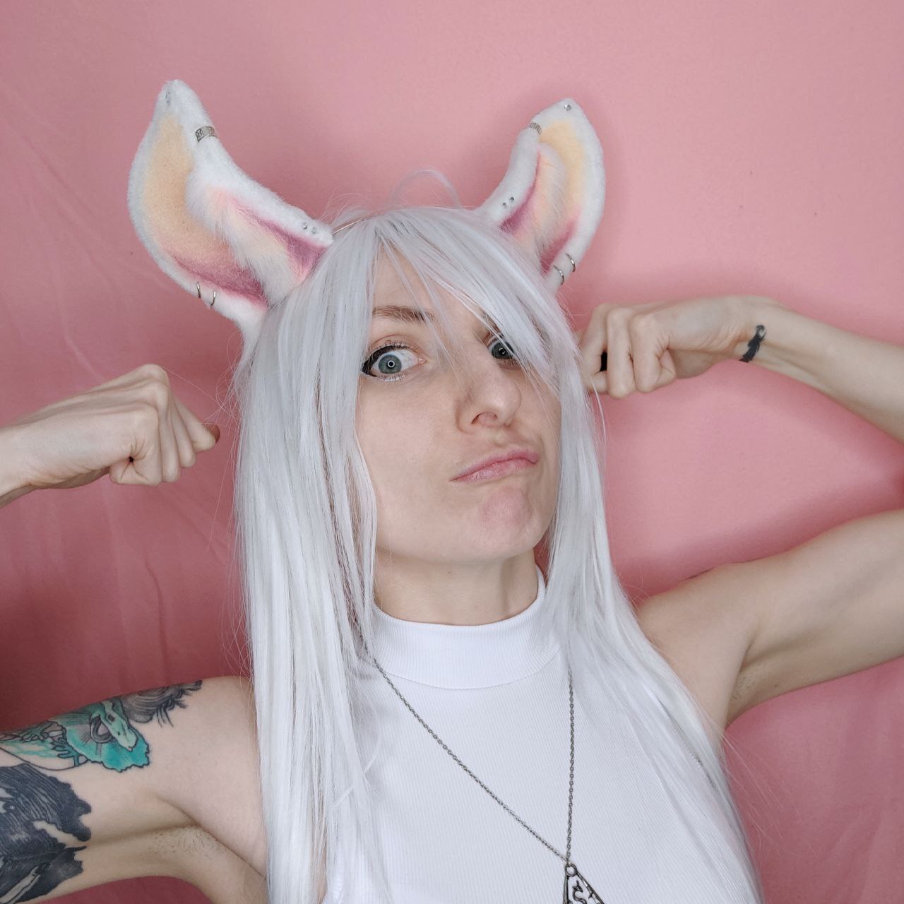 White bunny ears on headband (mini) - My, Needlework, Sewing, Needlework without process, Accessories, Bezel, Furry, Hare, White Rabbit, Cosplay, Cosplayers, Ears, Eared, Ears on the crown, Longpost, Girl with tattoo, Tattoo