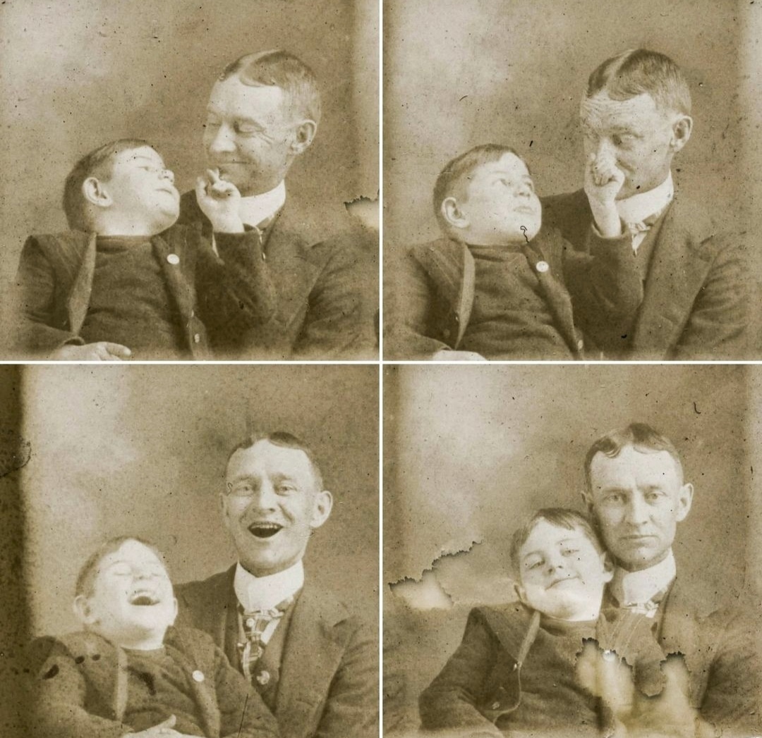 Отец и сын дурачатся, пока фотографируются, 1910 | Пикабу