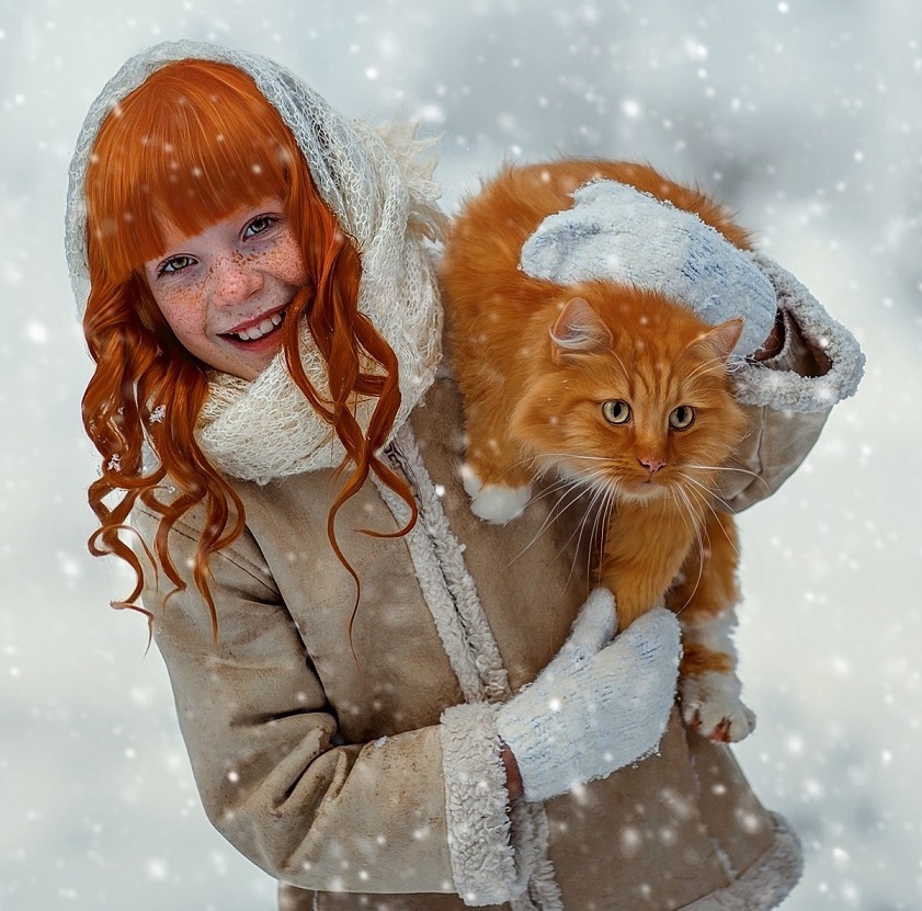 redheads - Girls, cat, Redheads, Freckles, Winter, The photo