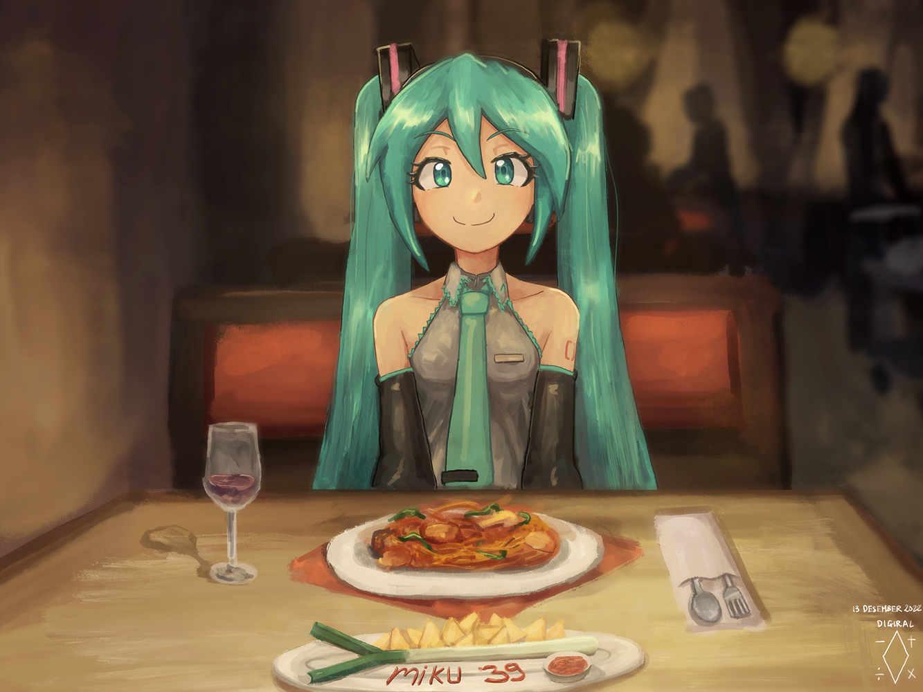 Dinner - Hatsune Miku, Vocaloid, Anime art, Vocaloid Art, Spaghetti, Dinner, A restaurant