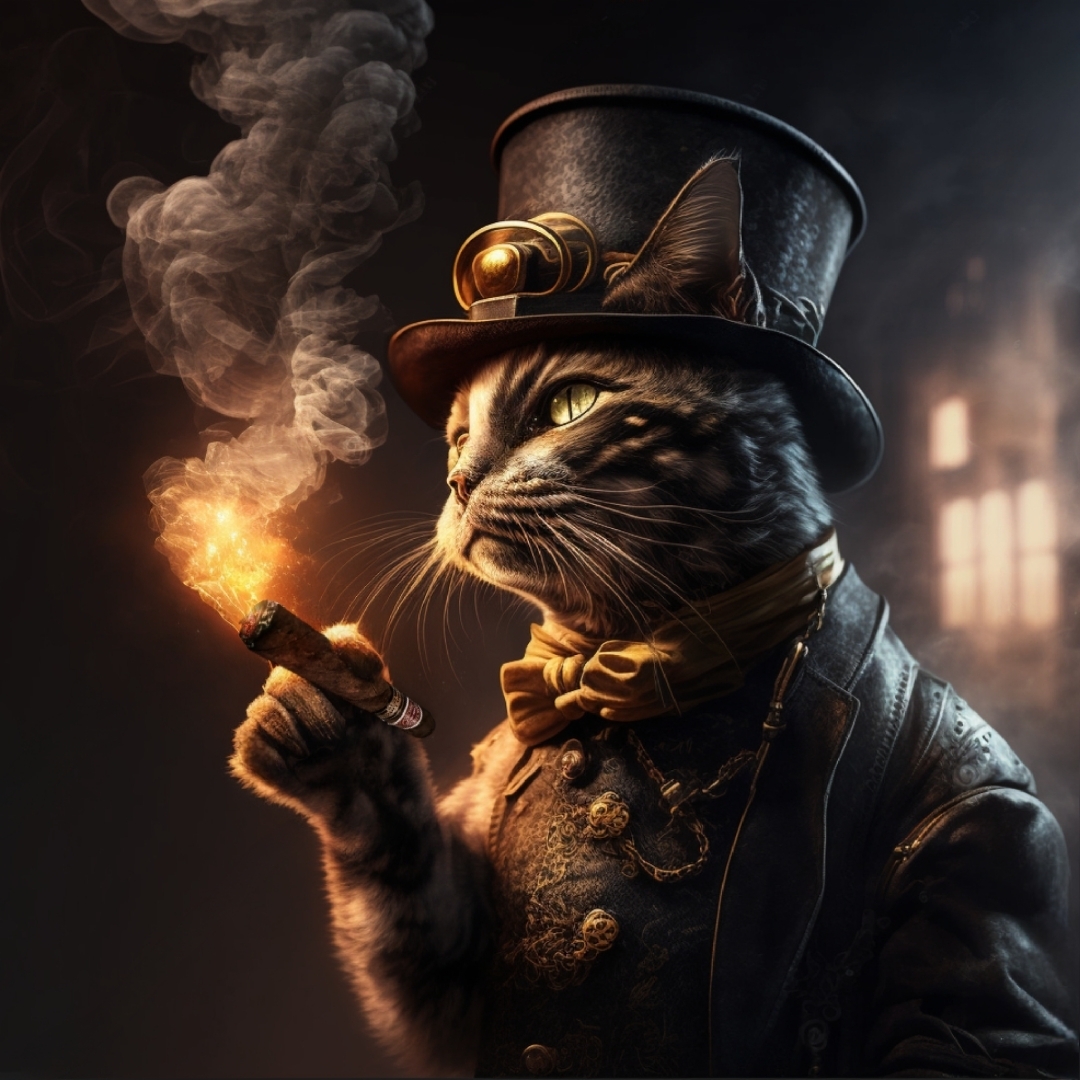 Midjourney Gentlemen's Cigar Club - My, Fat cats, Midjourney, cat, Art, Smoking, Longpost