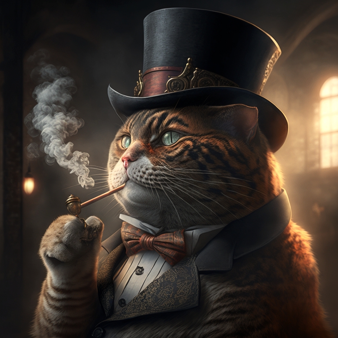 Midjourney Gentlemen's Cigar Club - My, Fat cats, Midjourney, cat, Art, Smoking, Longpost