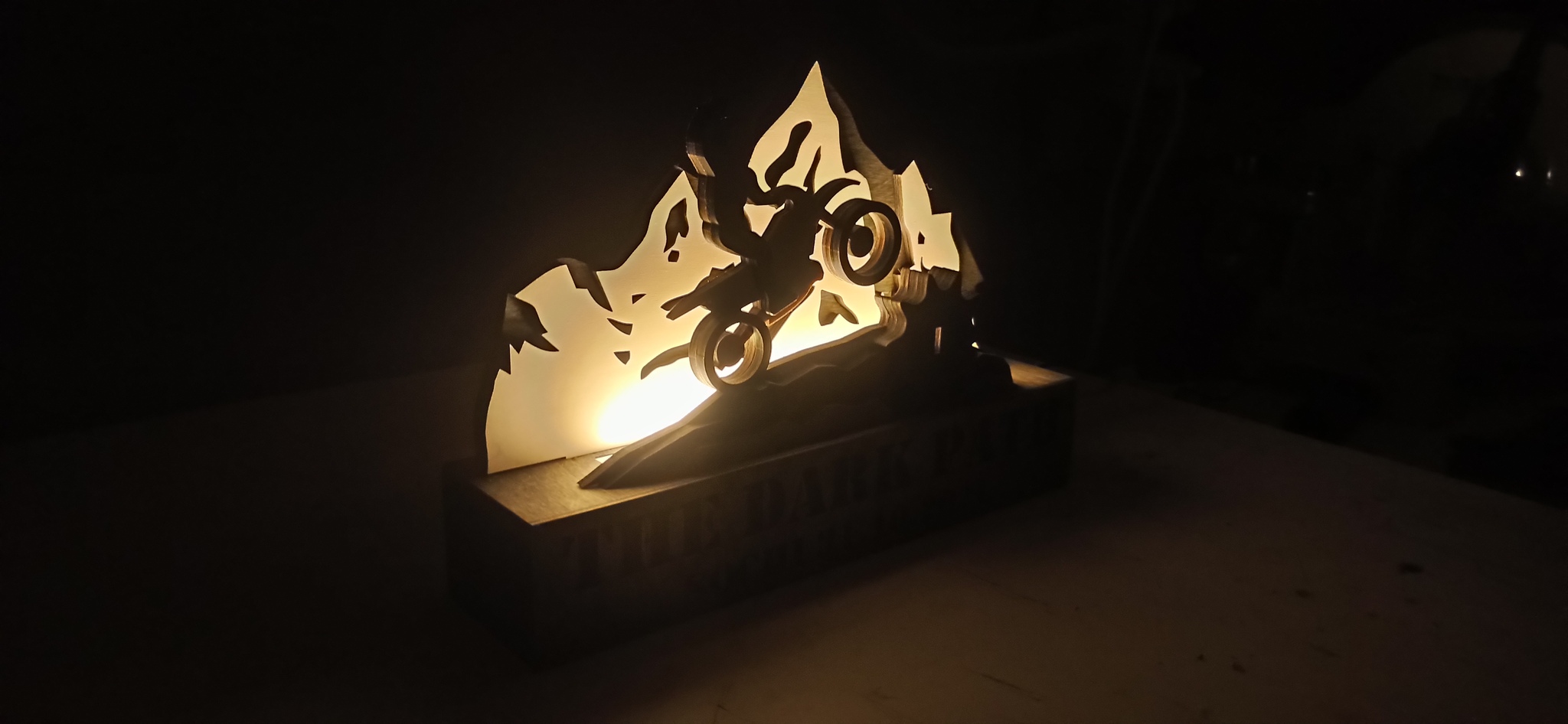 The cup is a night light, the night light is a cup. Kubnik? Nightbok? Pamagitia... - My, Needlework with process, Creation, Night light, Carpenter, Plywood, CNC, Work, Enduro, Moto, Decor, Лампа, Cup, Laser cutting, Wood products, Souvenirs, Milling, Video, Longpost