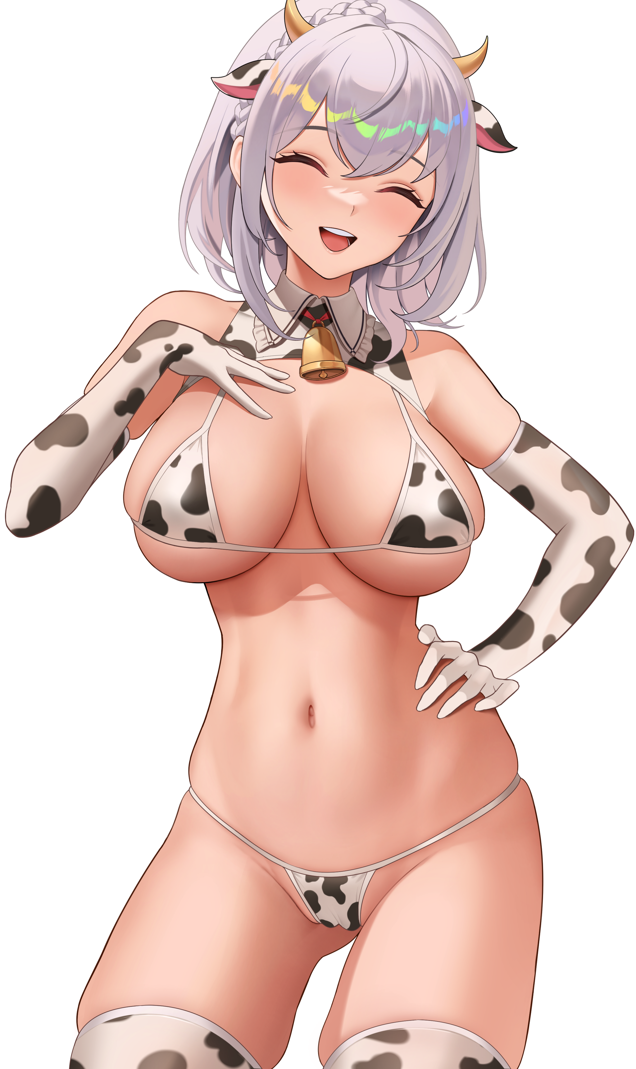 Shirogane Noel - NSFW, Anime, Anime art, Art, Hololive, Shirogane noel, Boobs, Cowsuit, Stockings, Nudity, Labia, Hand-drawn erotica, Erotic, Longpost