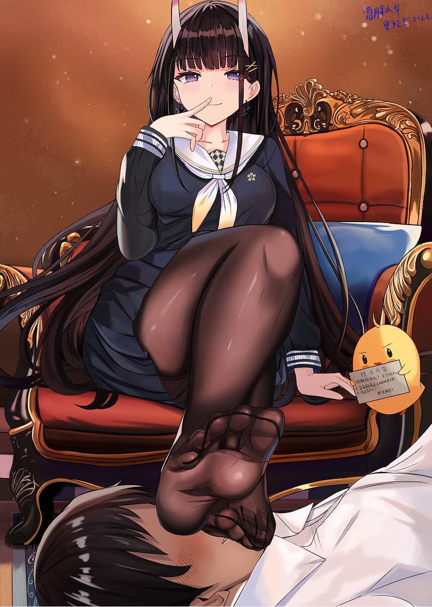 Hello, people of high culture - Anime, Anime art, Azur lane, Noshiro, School uniform, Legs, Feet, Tights, Girl with Horns