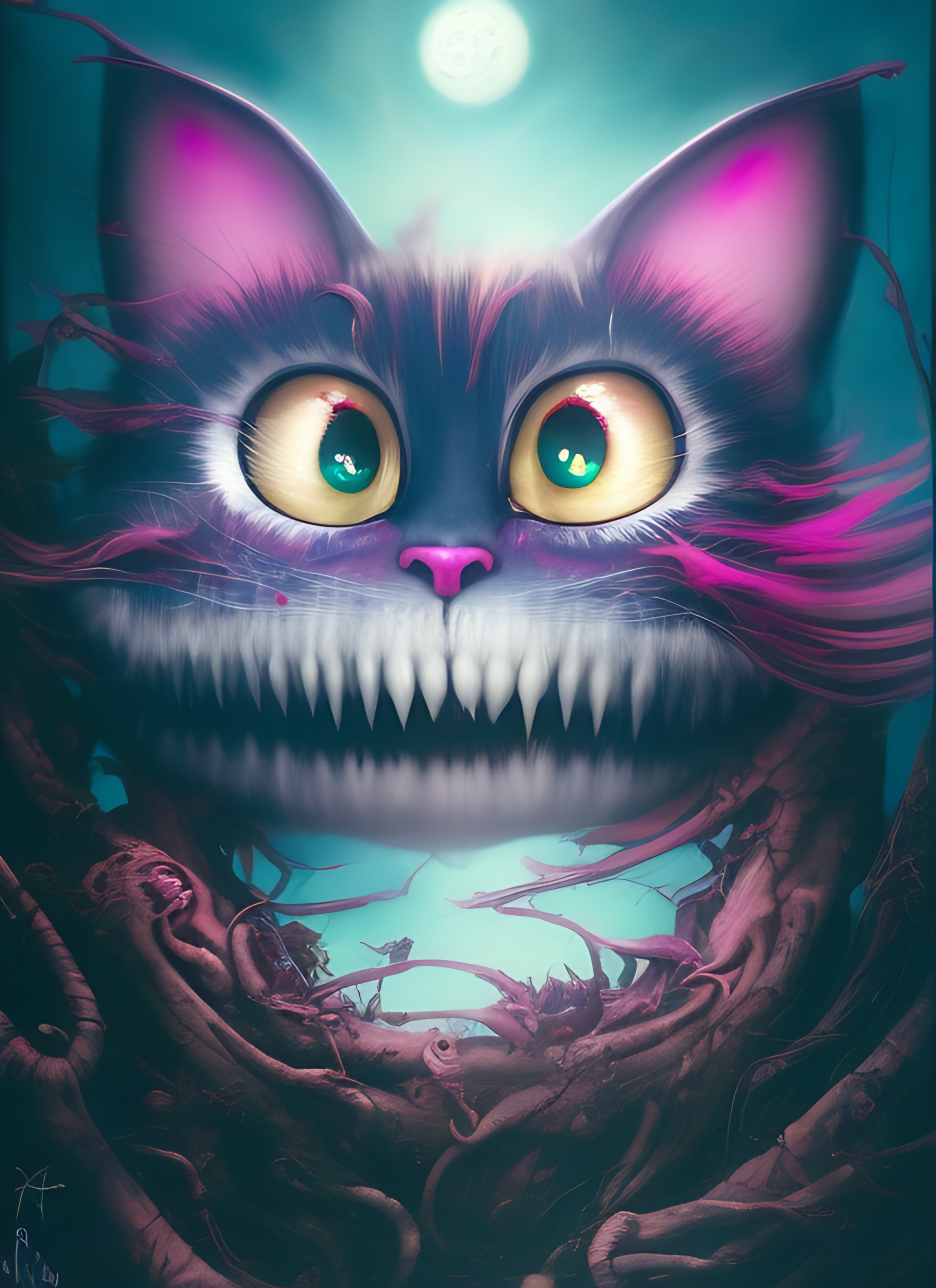 Cheshire SD 1.5 - My, Stable diffusion, Нейронные сети, Art, Neural network art, Digital drawing, Creation, Characters (edit), Cheshire Cat, Horror, Longpost