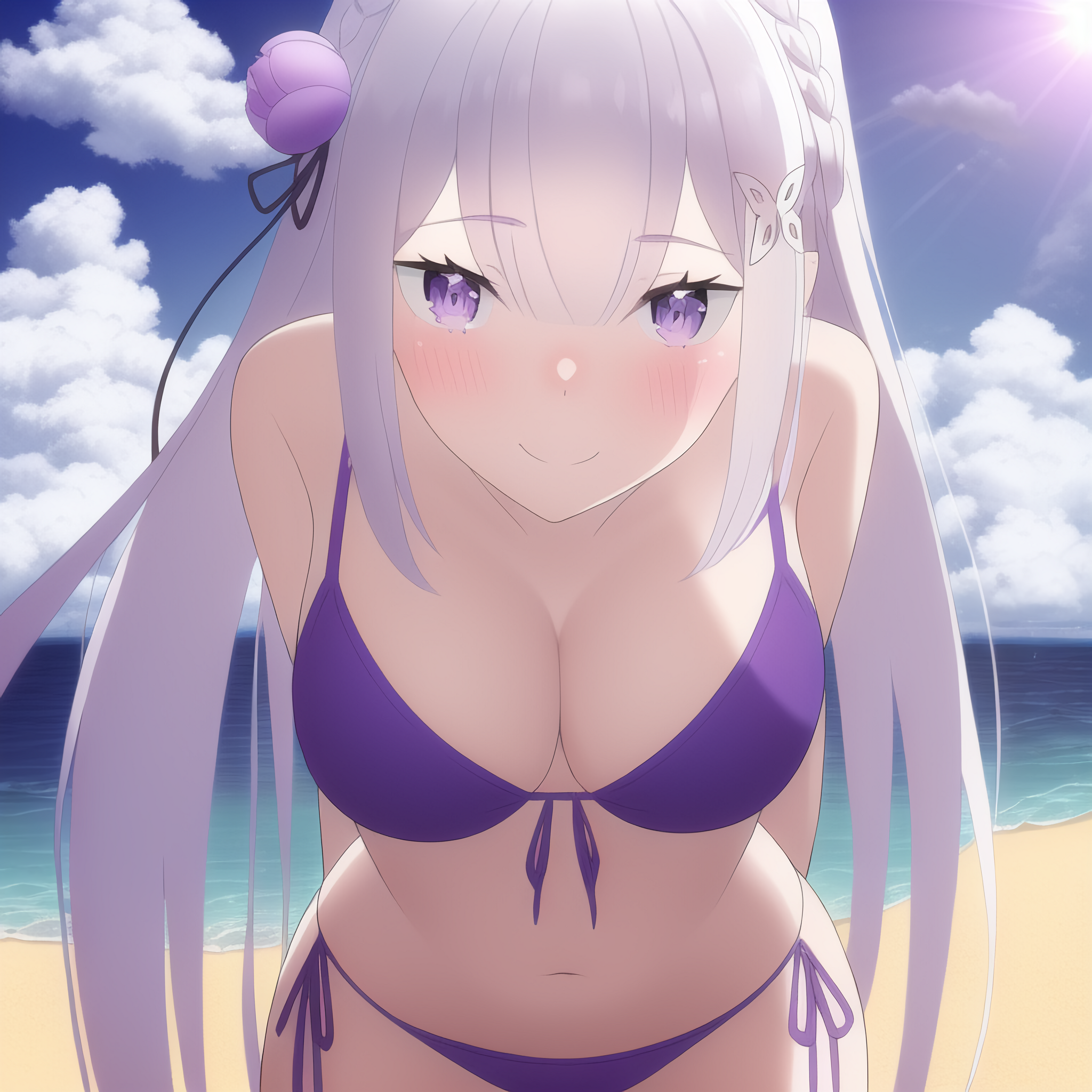 Emilia - NSFW, Anime art, Anime, Re: Zero Kara, Emilia, Swimsuit, Beach, Novelai, Longpost