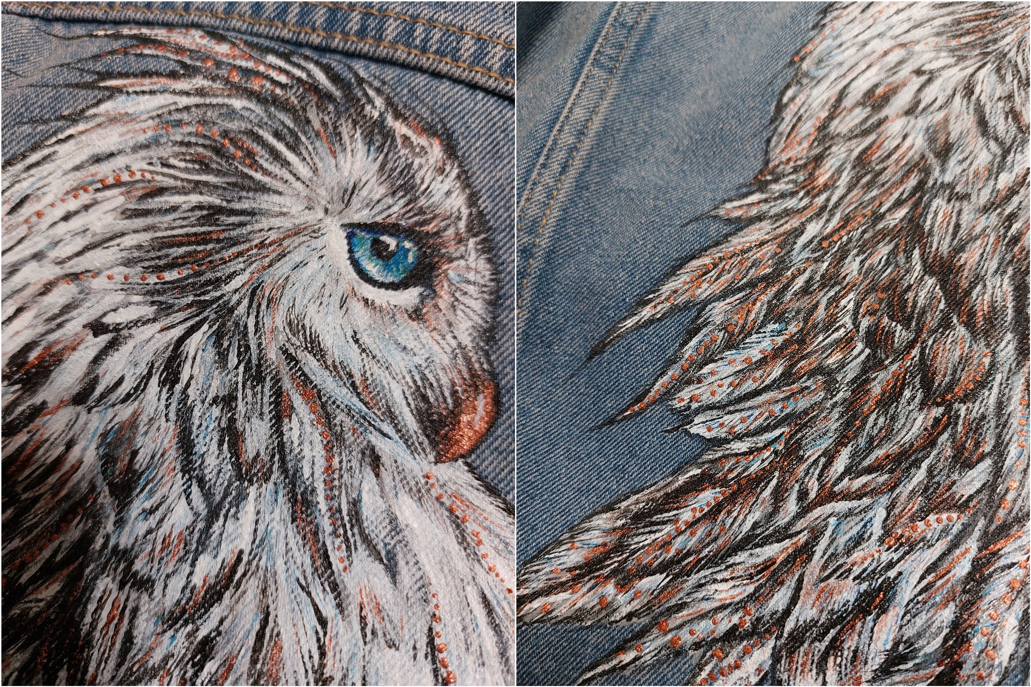 How to draw an owl: my version - My, How to draw an owl, Creation, Painting, Customization, Hobby, Longpost, Denim