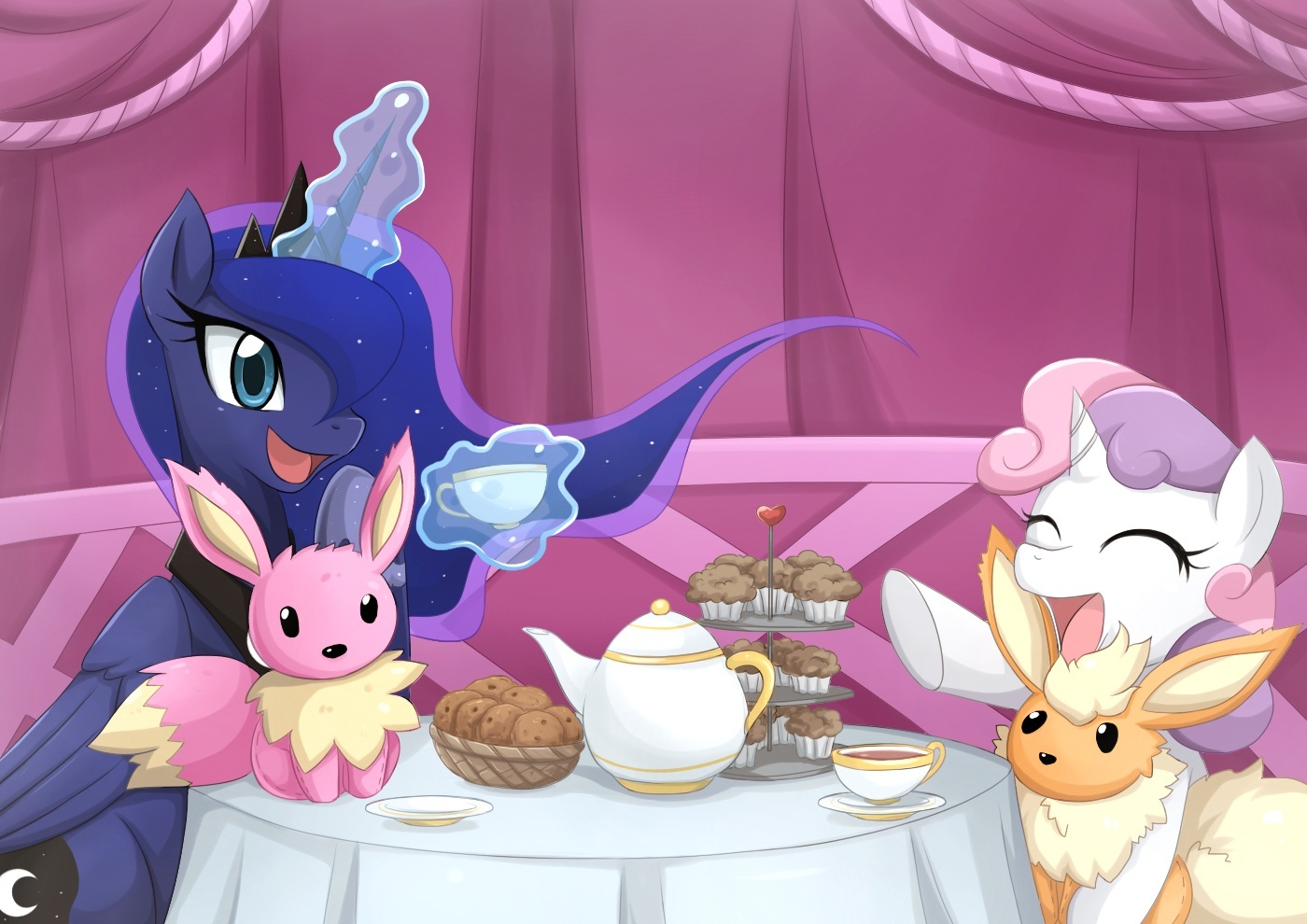 tea drinking - My little pony, PonyArt, Princess luna, Sweetie belle, Pokemon