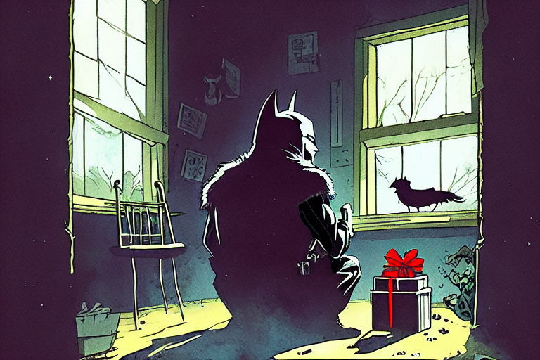 Tired Batman waits for Christmas to open gifts - My, Stable diffusion, Artificial Intelligence, Neural network art, Midjourney, Batman, New Year, Christmas, Computer graphics, Art, Digital, 2D, Comics, Digital drawing, Characters (edit), Longpost