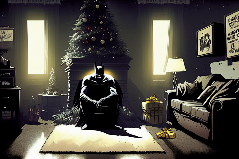 Tired Batman waits for Christmas to open gifts - My, Stable diffusion, Artificial Intelligence, Neural network art, Midjourney, Batman, New Year, Christmas, Computer graphics, Art, Digital, 2D, Comics, Digital drawing, Characters (edit), Longpost