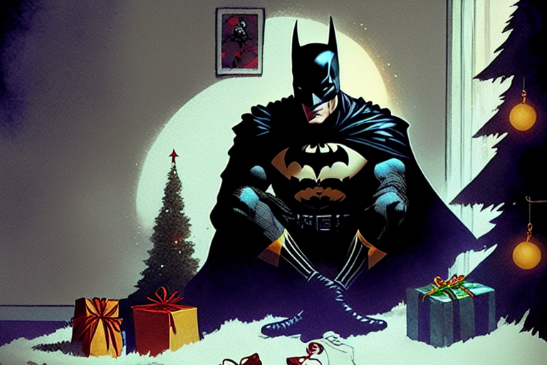 Tired Batman waits for Christmas to open gifts - My, Stable diffusion, Artificial Intelligence, Neural network art, Midjourney, Batman, New Year, Christmas, Computer graphics, Art, Digital, 2D, Comics, Digital drawing, Characters (edit), Longpost