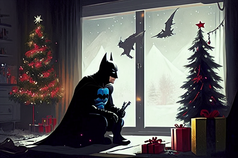 Tired Batman waits for Christmas to open gifts - My, Stable diffusion, Artificial Intelligence, Neural network art, Midjourney, Batman, New Year, Christmas, Computer graphics, Art, Digital, 2D, Comics, Digital drawing, Characters (edit), Longpost