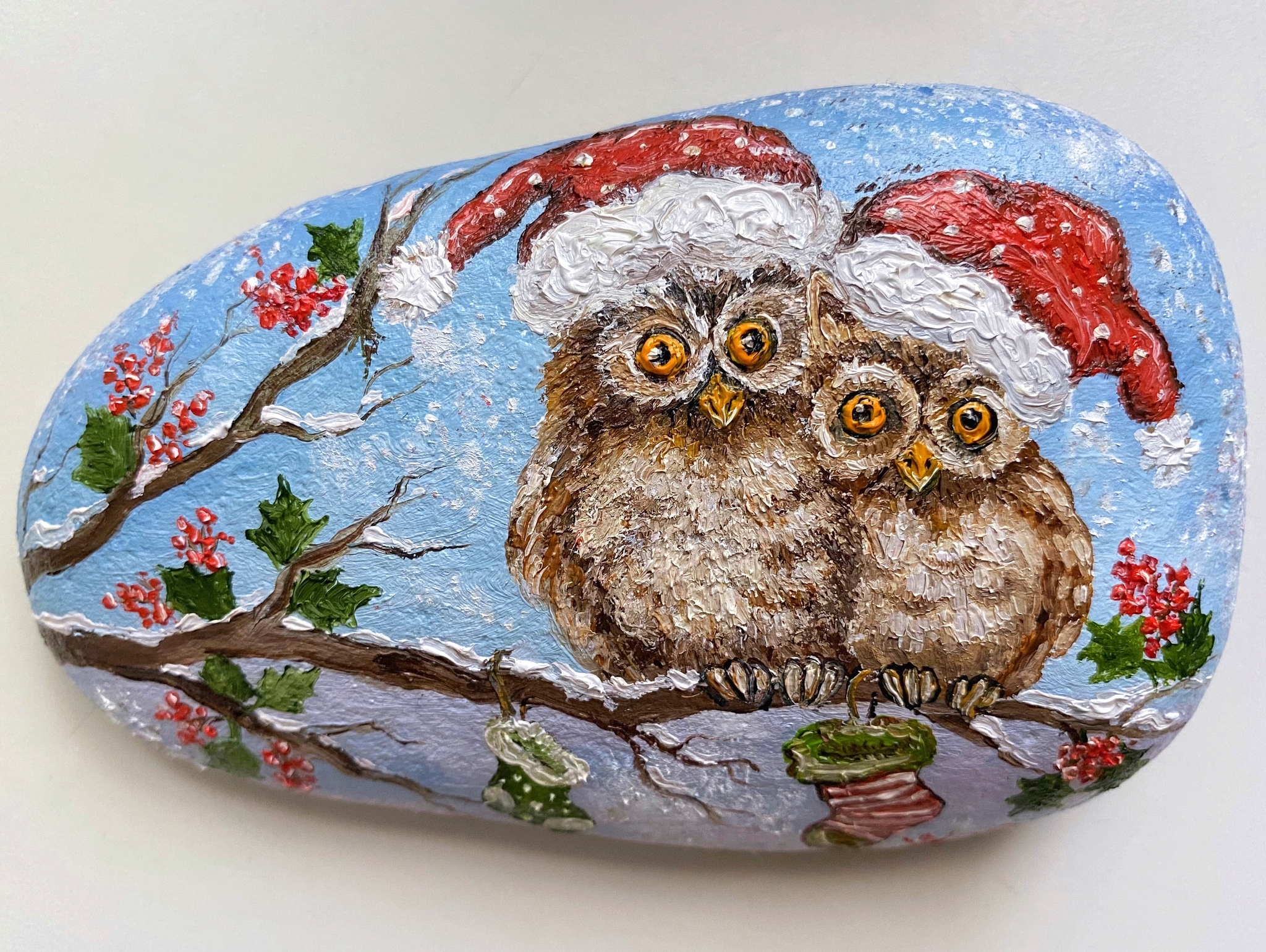 Christmas miniatures - My, Painting, Painting, Oil painting, Art, New Year, New Year card, snowman, Rabbit, Miniature, Stone painting, Longpost, Winter, Owl, Gnomes, Pre-holiday mood