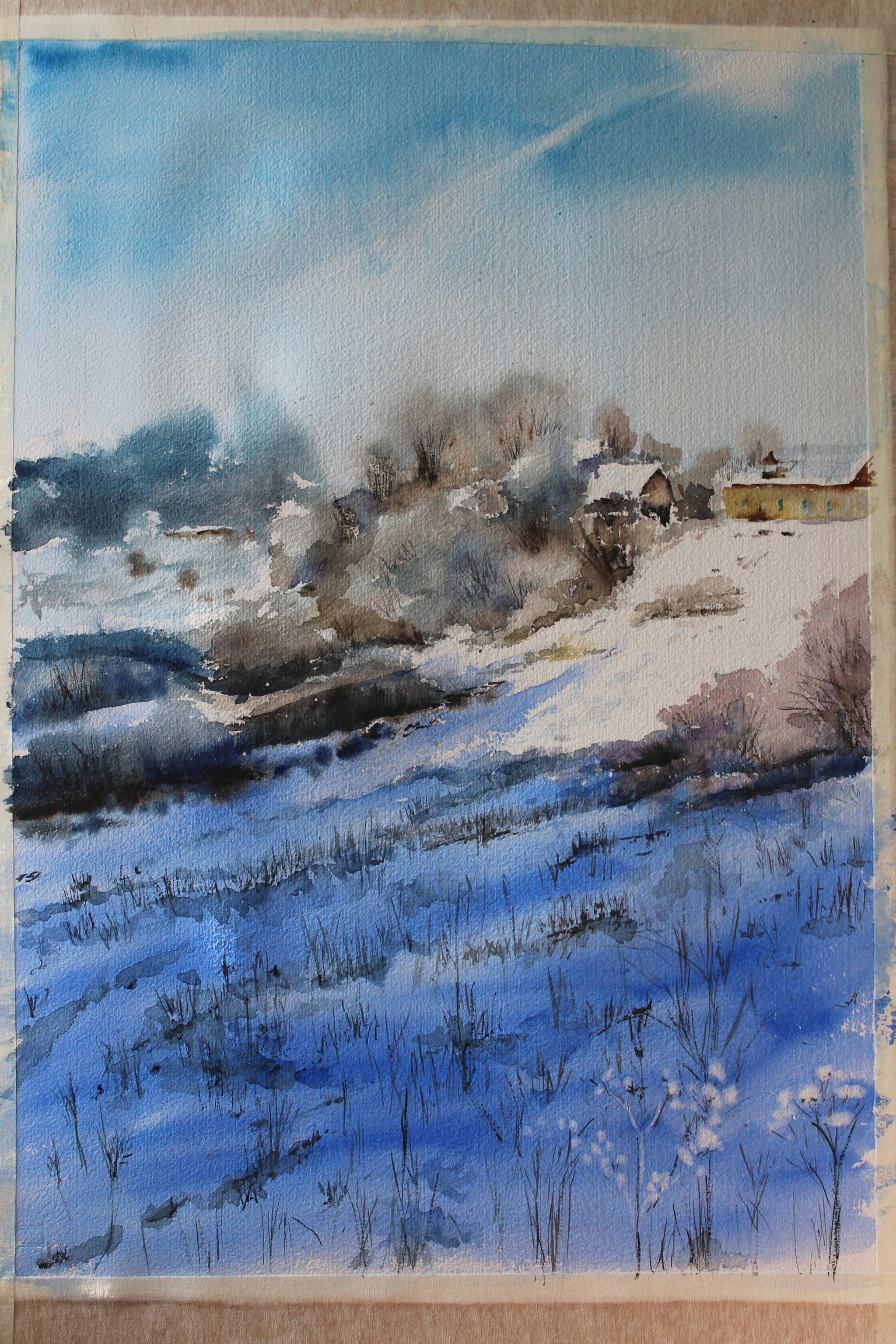 Winter watercolor - My, Creation, Watercolor, Needlework without process, Winter, Snow, Landscape, Drawing