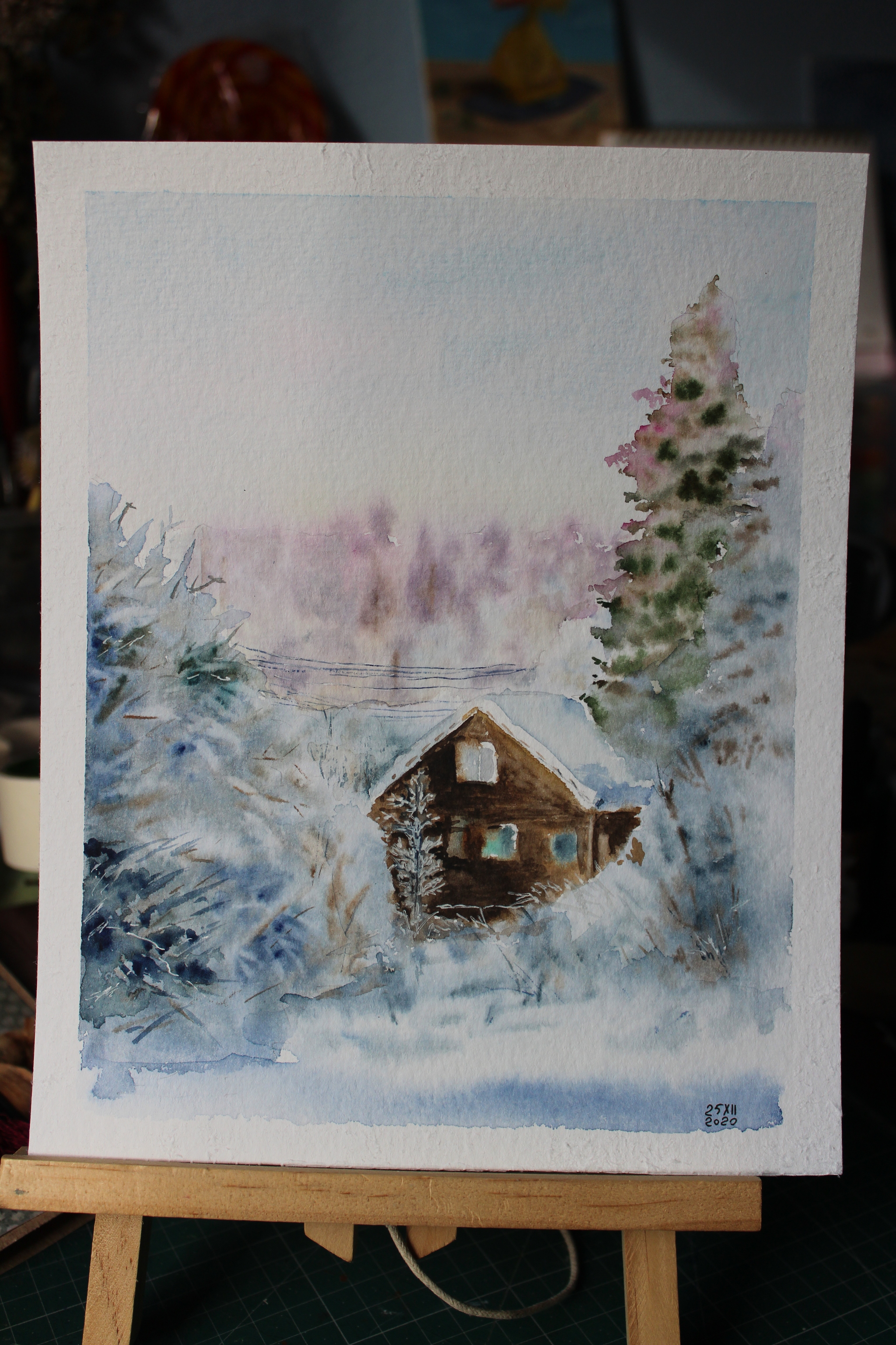 Winter watercolor - My, Creation, Watercolor, Needlework without process, Winter, Snow, Landscape, Drawing