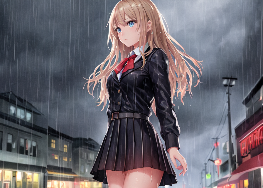 Under rain - My, Stable diffusion, Neural network art, Art, Anime art, Anime, Original character, Longpost