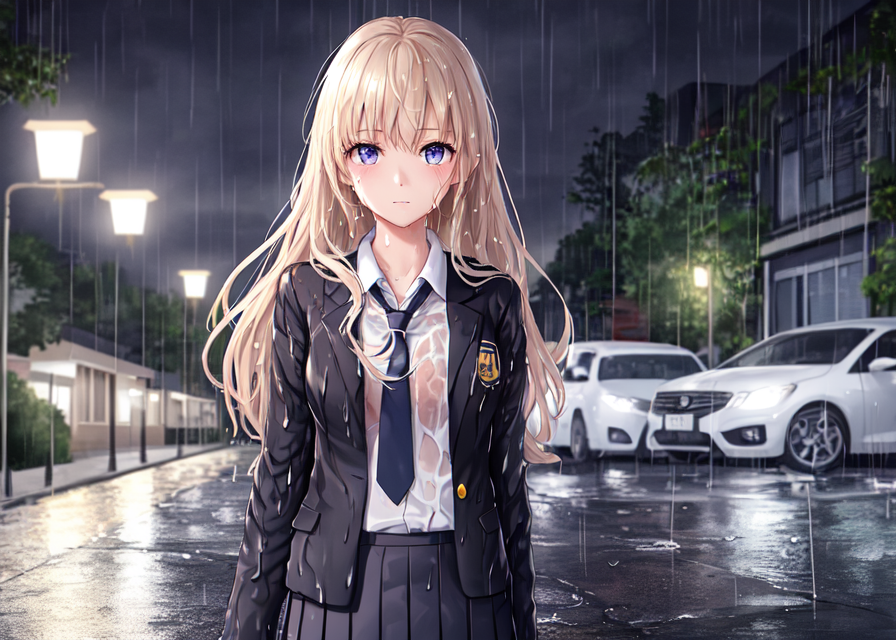 Under rain - My, Stable diffusion, Neural network art, Art, Anime art, Anime, Original character, Longpost