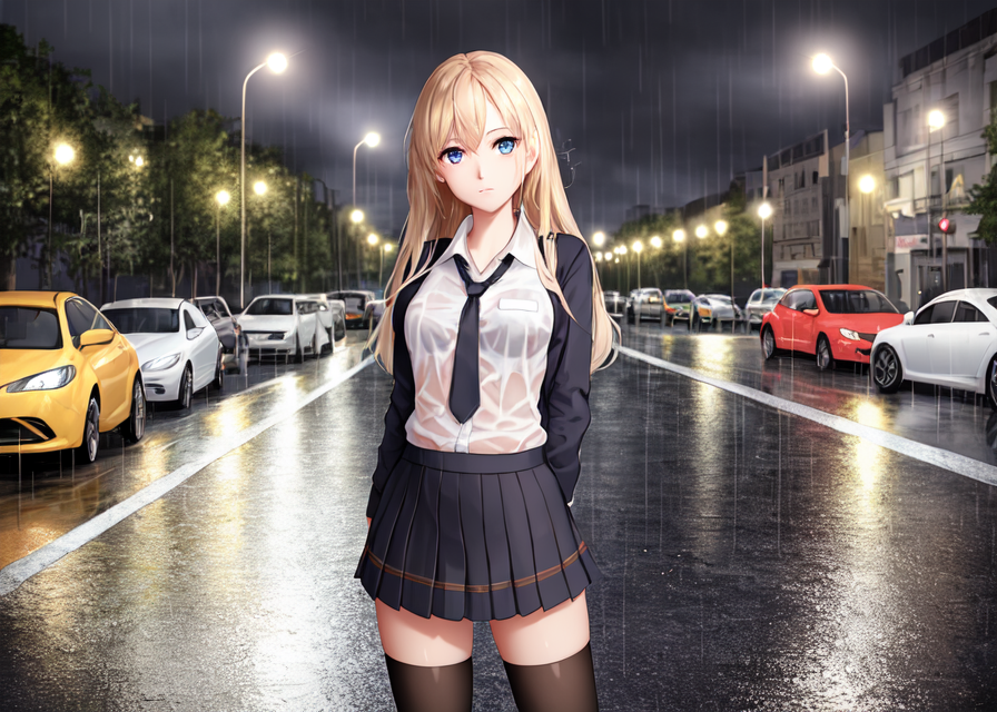 Under rain - My, Stable diffusion, Neural network art, Art, Anime art, Anime, Original character, Longpost