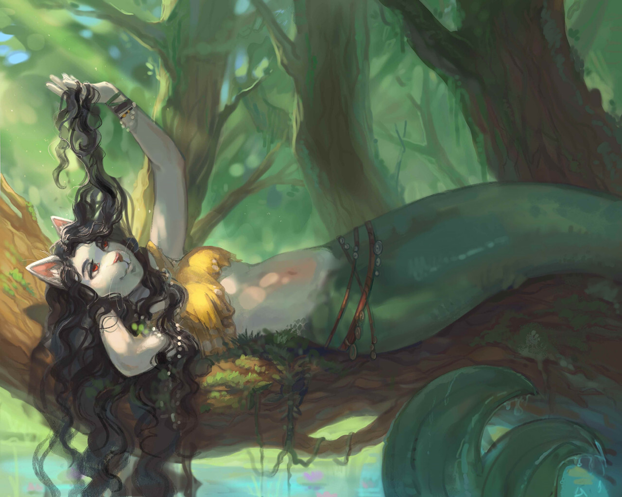 Mermaid sits on branches - Furry, Furry art, Furry cat, Devergilia