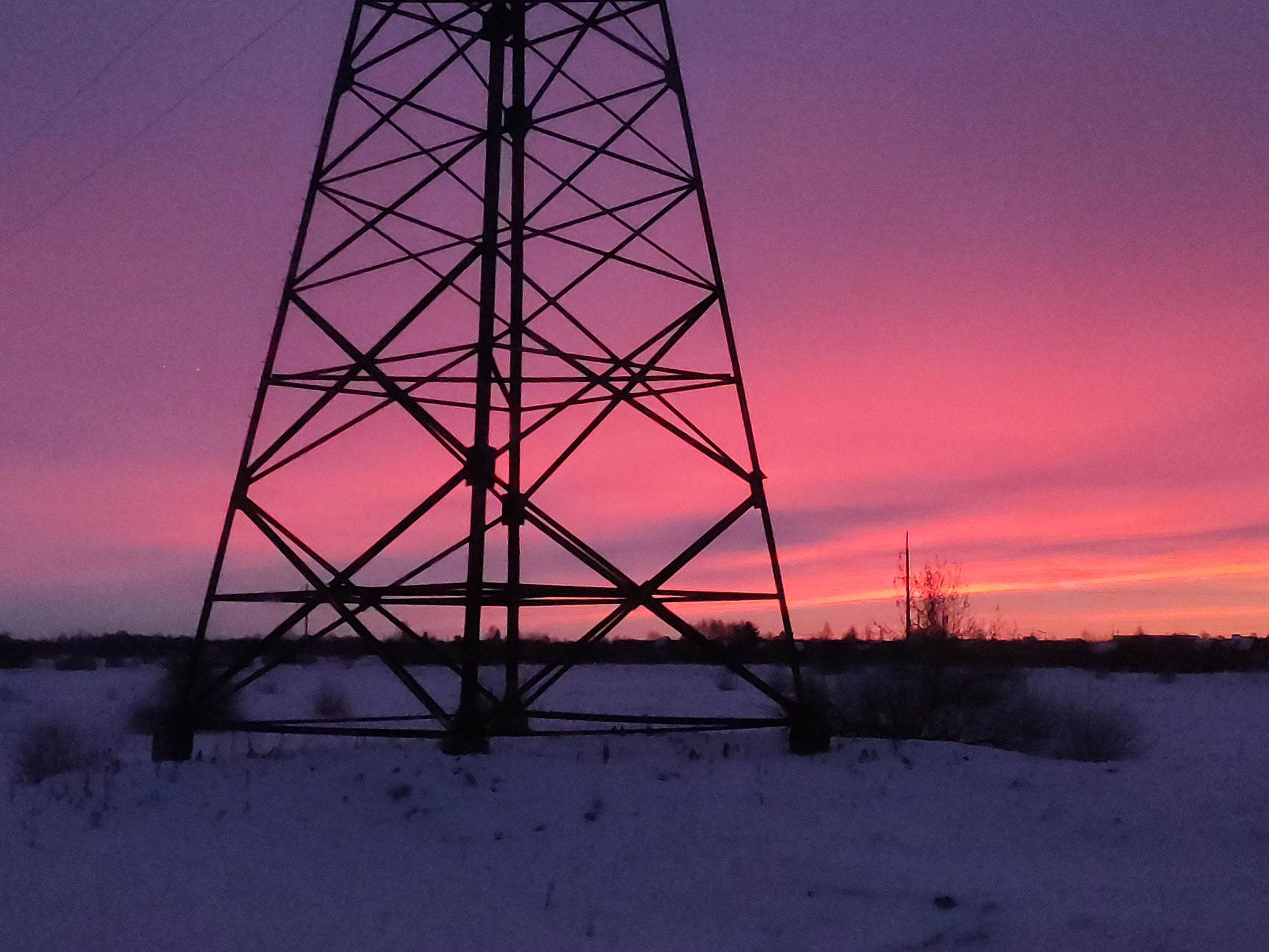 Dawn in the province - My, Mobile photography, dawn, Power lines