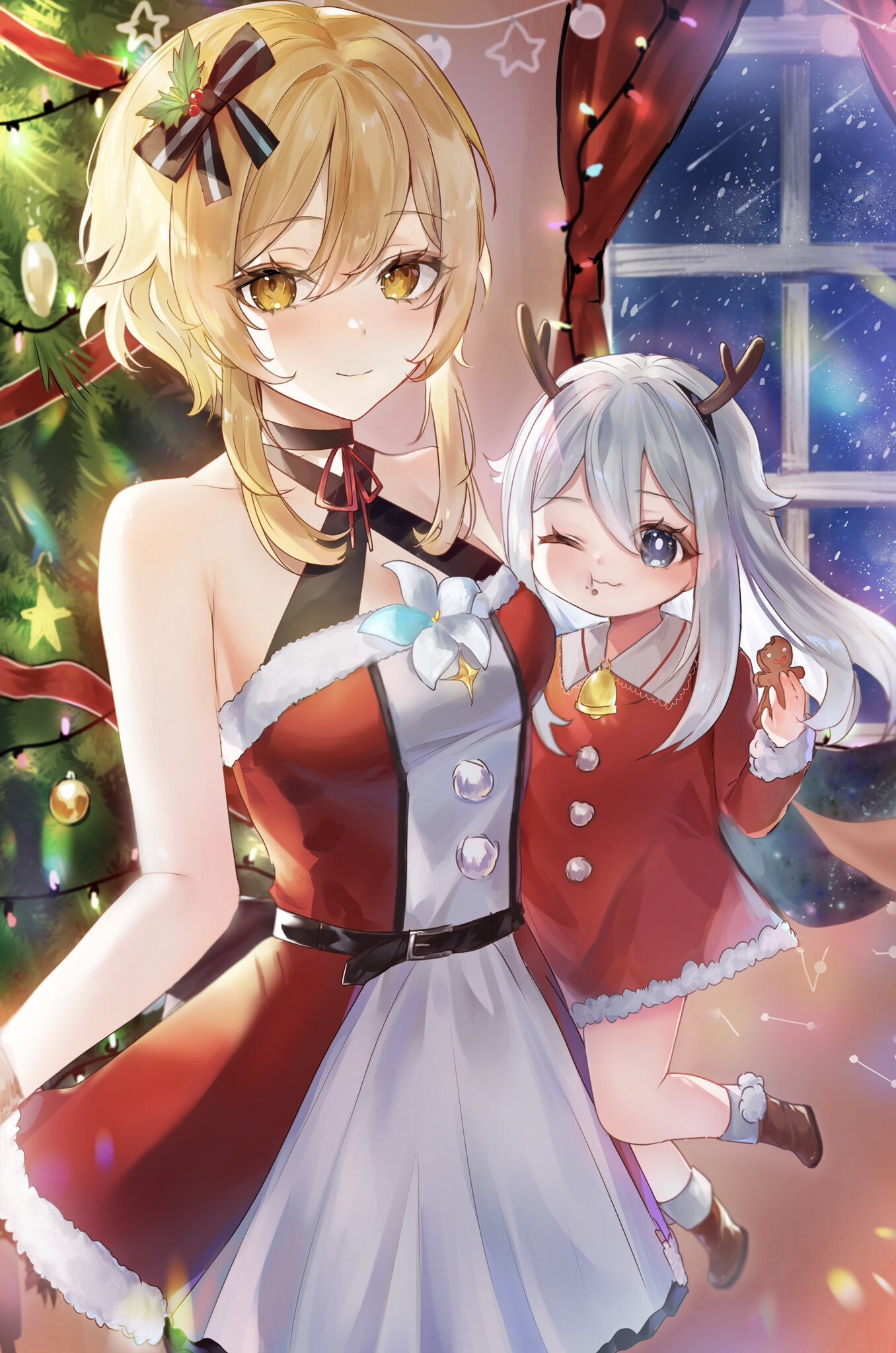 Christmas Impact - Genshin Impact, Ganyu, Collei, Lumine, Paimon, Yoimiya, Арт, Девушки, Игры, Аниме, Anime Art, Рождество, Длиннопост