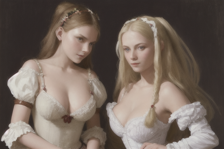 Portrait of two beautiful Latvian Belarusian-Finnish glamorous models in the role of village girls - NSFW, My, Girls, Art, Stable diffusion, Нейронные сети, Digital drawing, Neural network art, Midjourney, 2D, Computer graphics, Digital, Longpost