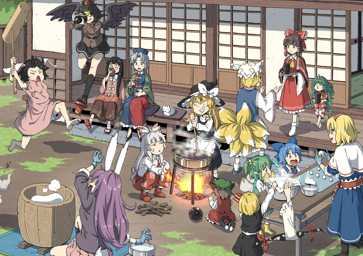 gatherings - Anime, Anime art, Touhou, Inaba tewi, Reisen udongein inaba, Houraisan kaguya, Yagokoro eirin, Fujiwara no mokou, Kirisame marisa, Yakumo ran, Chen (Touhou), Yakumo yukari, Hakurei Reimu, Komano aunn, Alice margatroid, Cirno, Daiyousei, Rumia, Inuno rakugaki