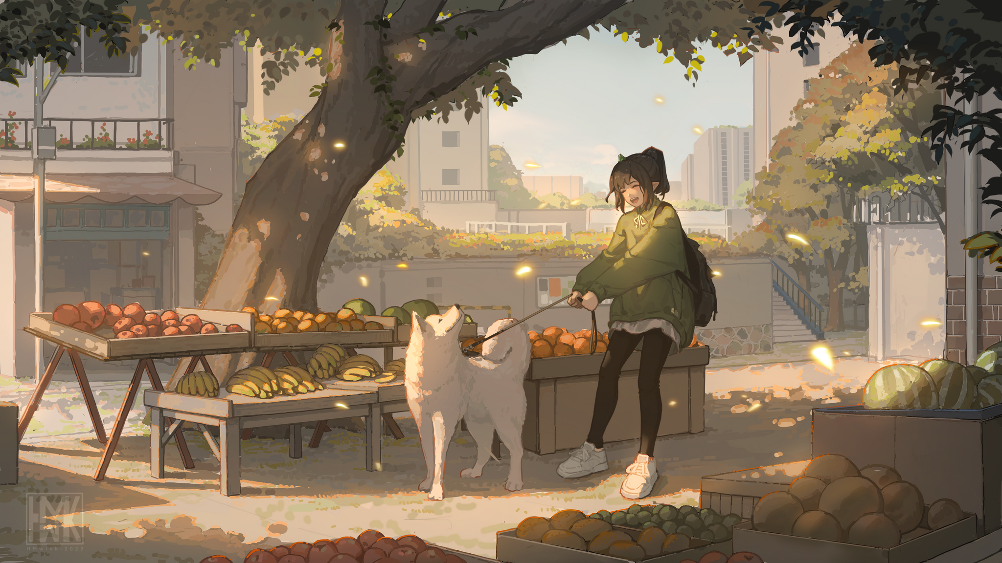 Walking through the fruit market - Art, Illustrations, Elves, Dog