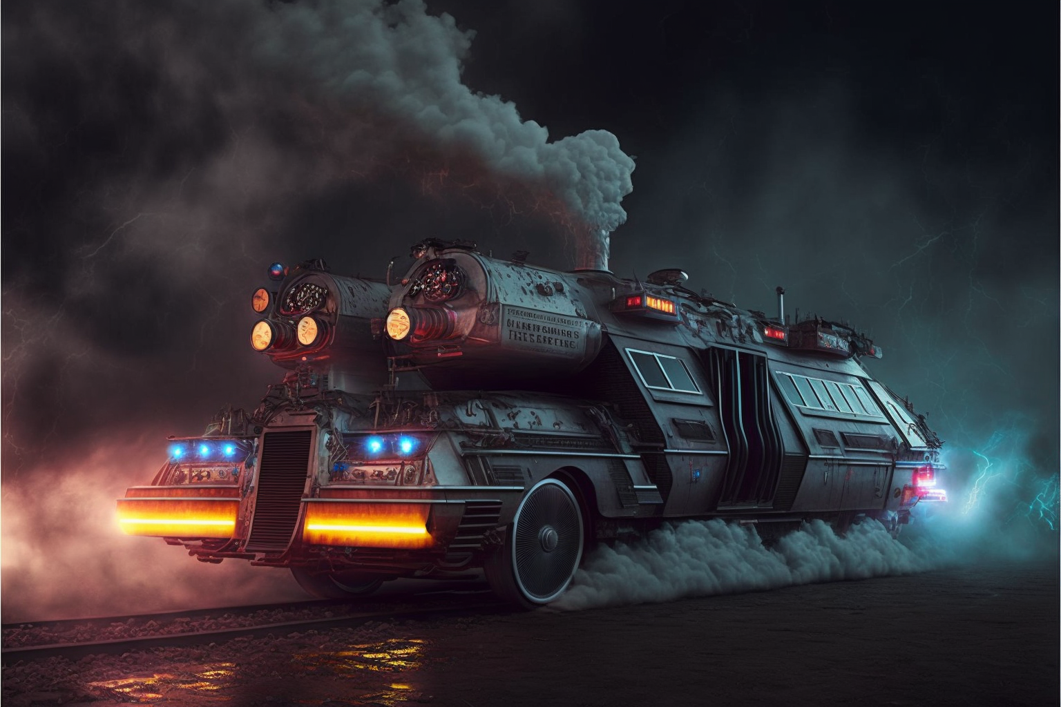 What if you combine a steam locomotive and a DeLorean time machine - My, Delorean, Midjourney, Нейронные сети, Artificial Intelligence, Cyberpunk, Art, Neural network art, Digital drawing, Back to the future (film), Longpost