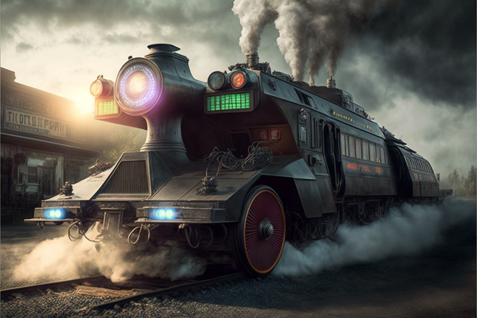 What if you combine a steam locomotive and a DeLorean time machine - My, Delorean, Midjourney, Нейронные сети, Artificial Intelligence, Cyberpunk, Art, Neural network art, Digital drawing, Back to the future (film), Longpost