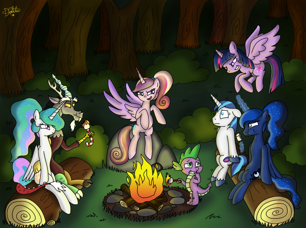 They tell scary stories - My little pony, PonyArt, Twilight sparkle, MLP Discord, Princess luna, Princess cadance, Shining armor, Spike