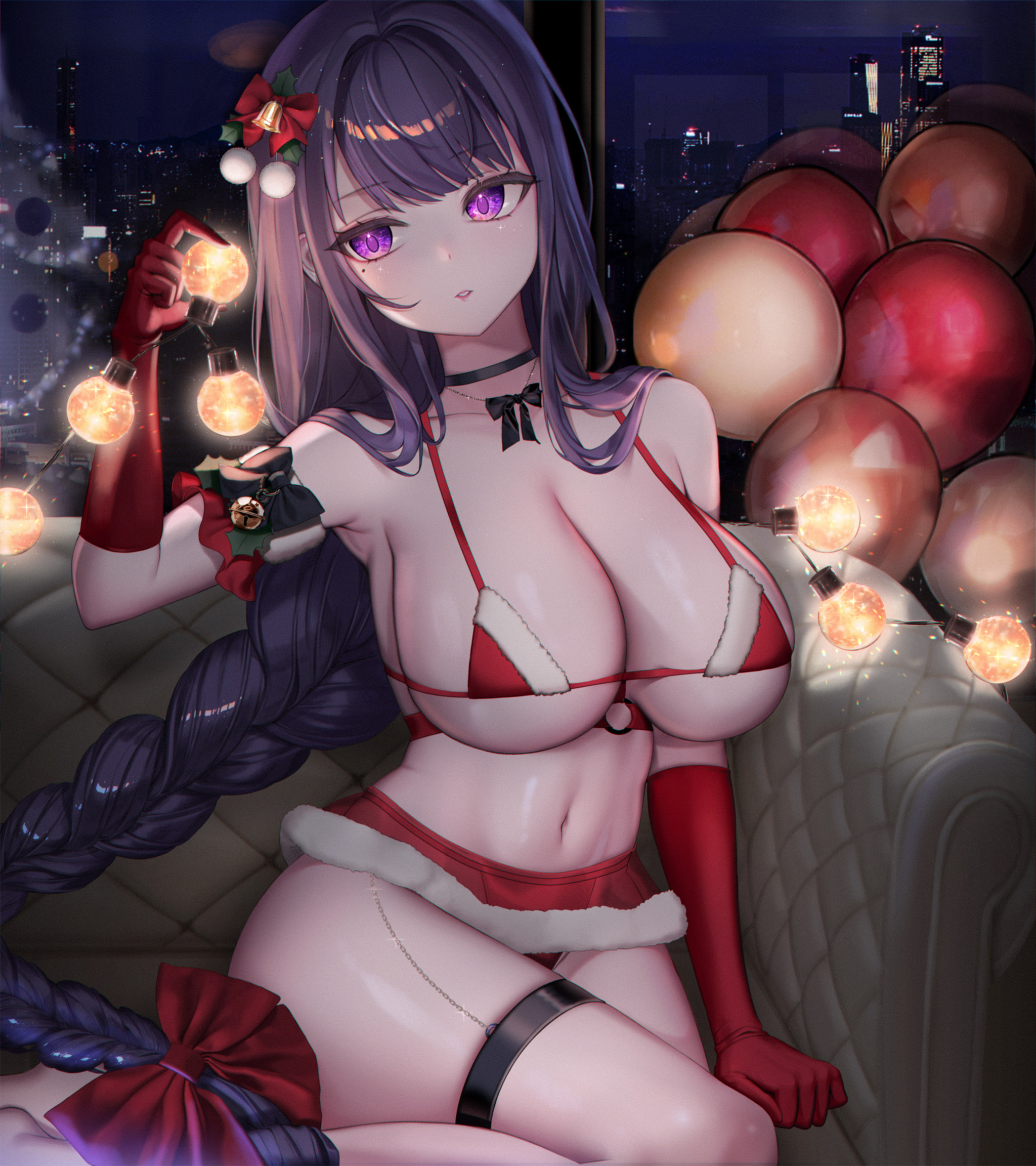 Xmas Ei - NSFW, Аниме, Anime Art, Арт, Genshin Impact, Raiden Shogun, Рождество, Сиськи, Купальник, Чокер, Эротика, Рисованная эротика, Длиннопост