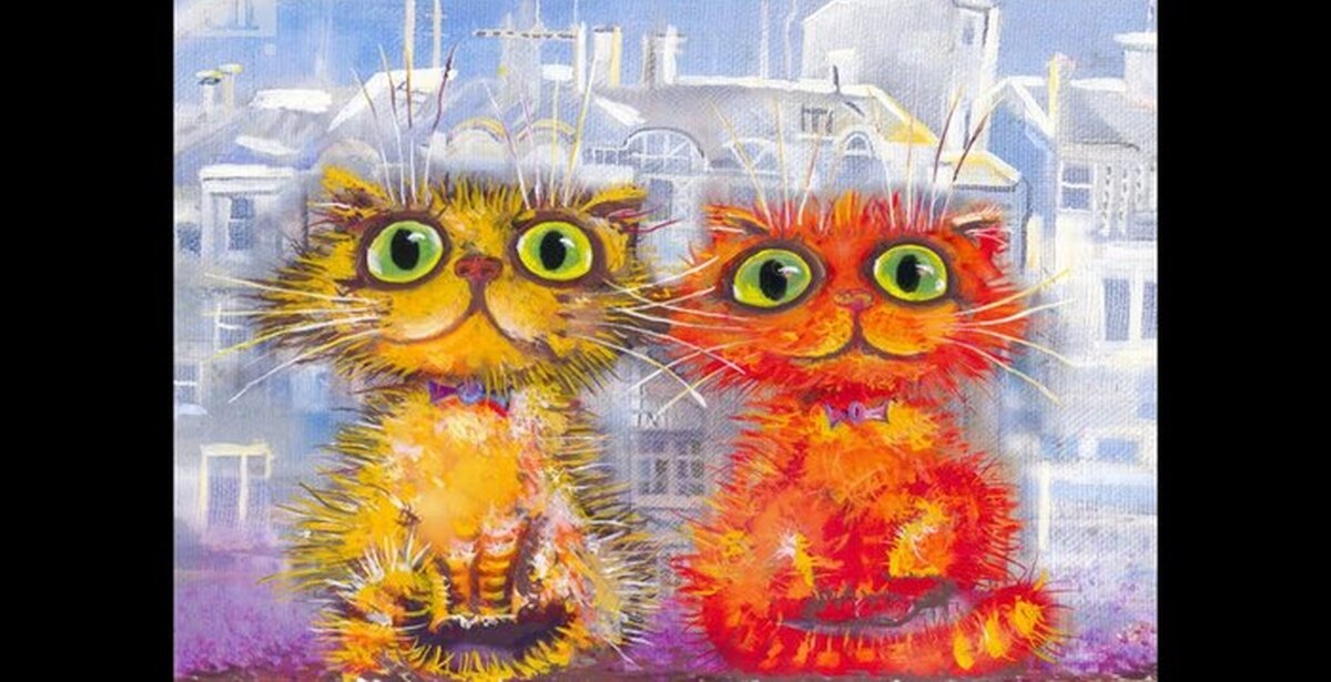 обложка песни теплые коты. теплые коты караоке. художник юрий мацик картины стиль. караоке чёрный кот для детей. утро волшебство юмор.